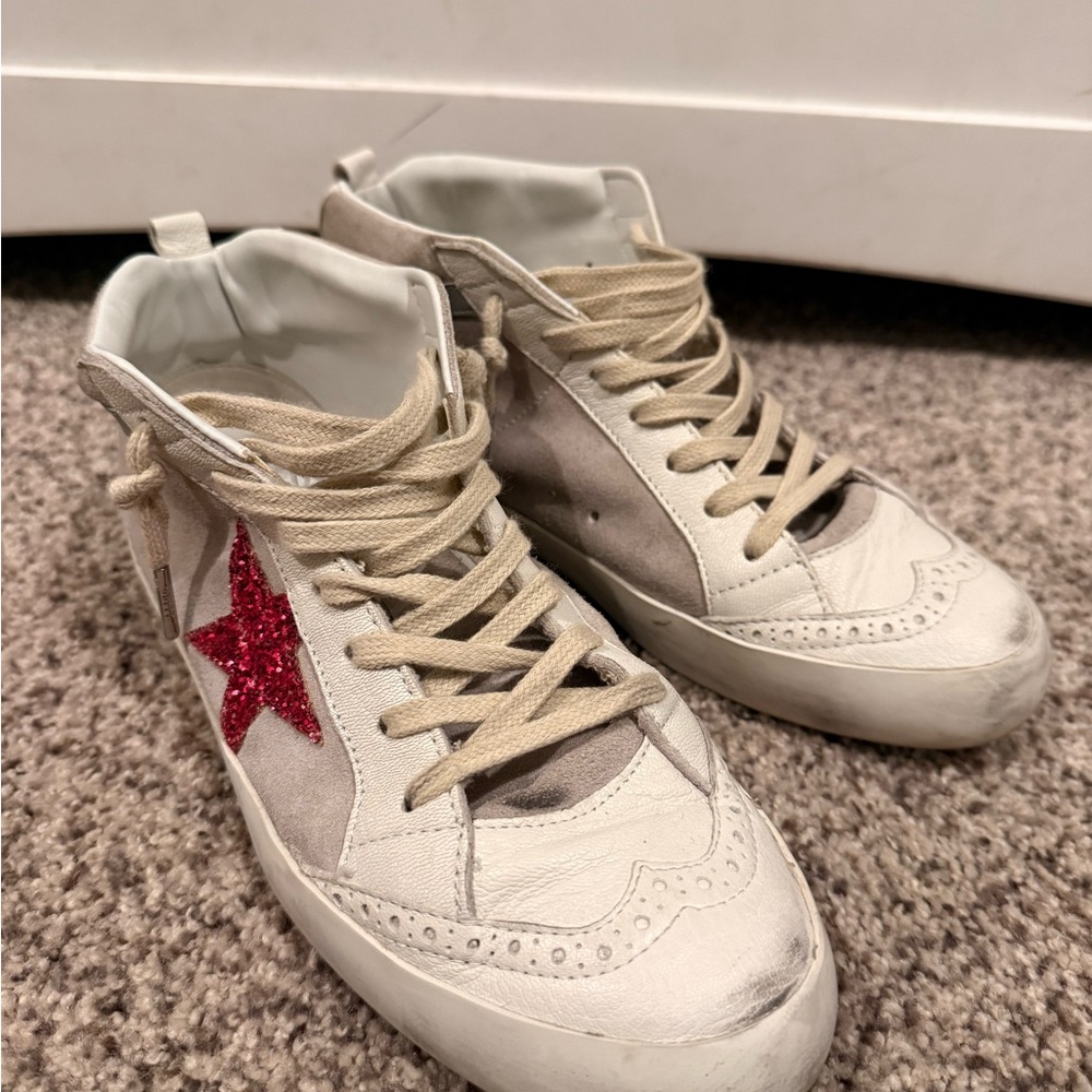 Golden Goose Mid Star White, Grey and Hot pink Sneakers.